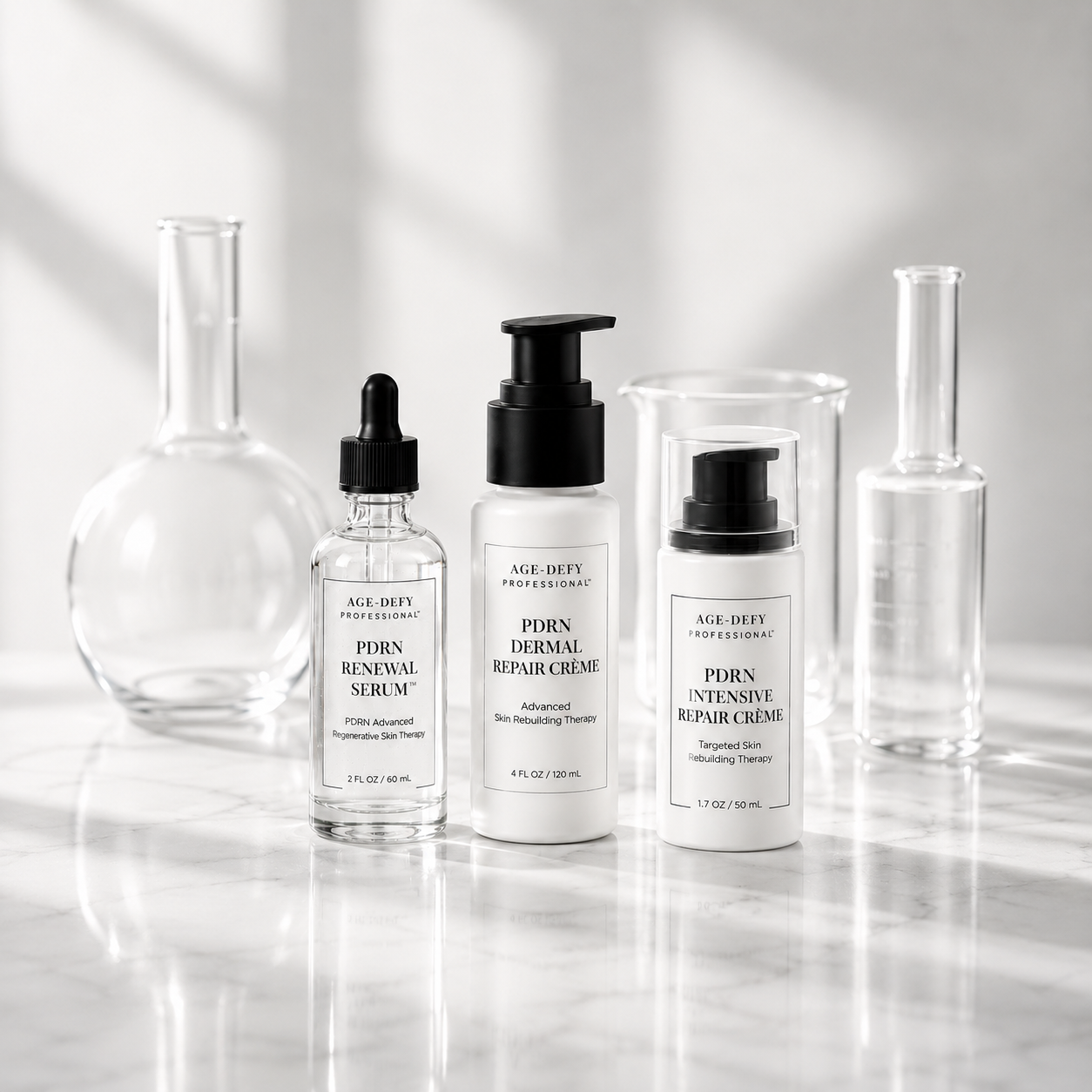 AGE-DEFY PROFESSIONAL PDRN collection with laboratory glassware
