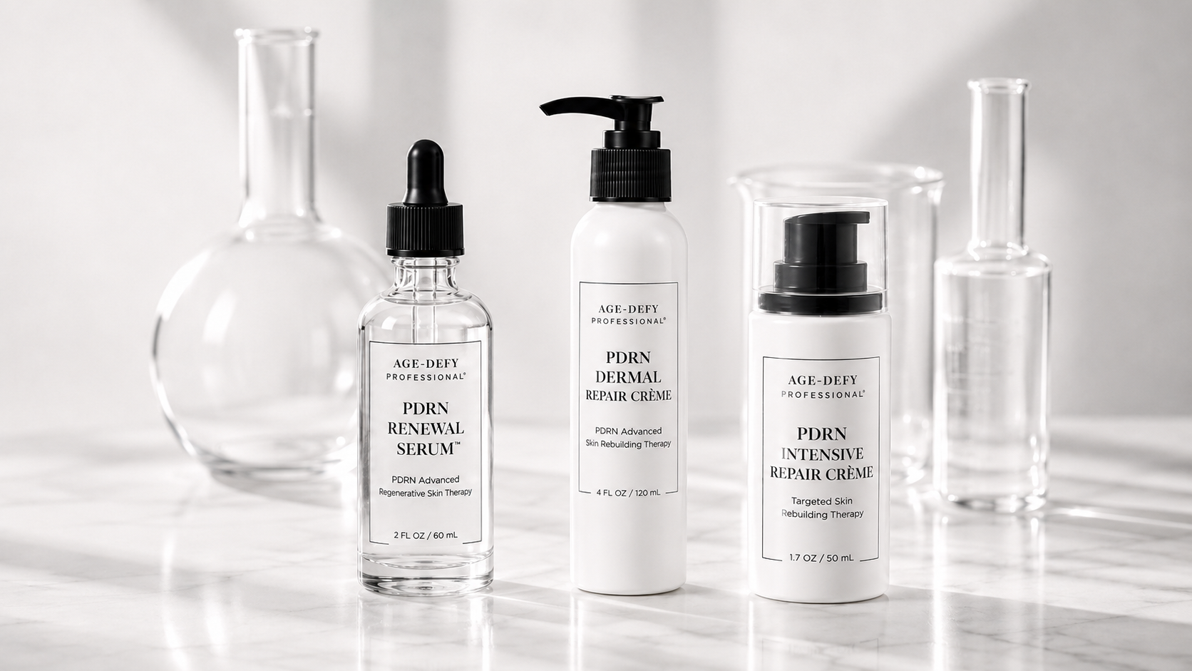 AGE-DEFY PROFESSIONAL PDRN collection with laboratory glassware