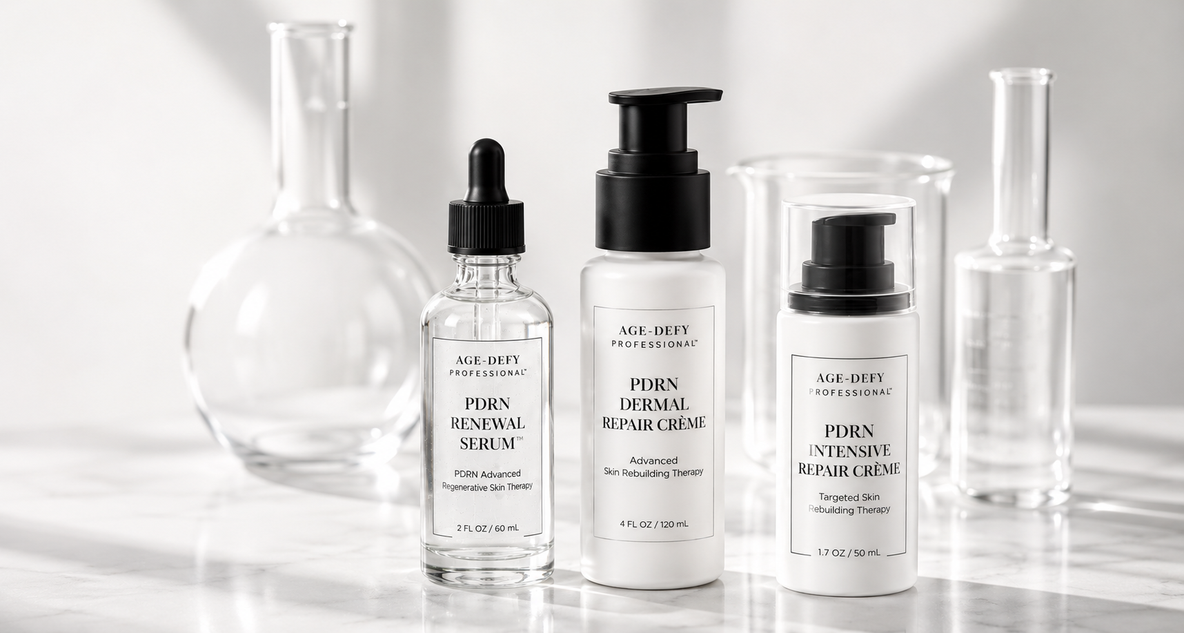 AGE-DEFY PROFESSIONAL PDRN collection with laboratory glassware